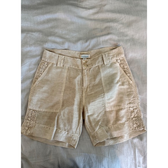 Sundance Linen Blend Shorts Size 8 Beige Boho Lace Trim Pockets Summer Casual - Picture 1 of 6